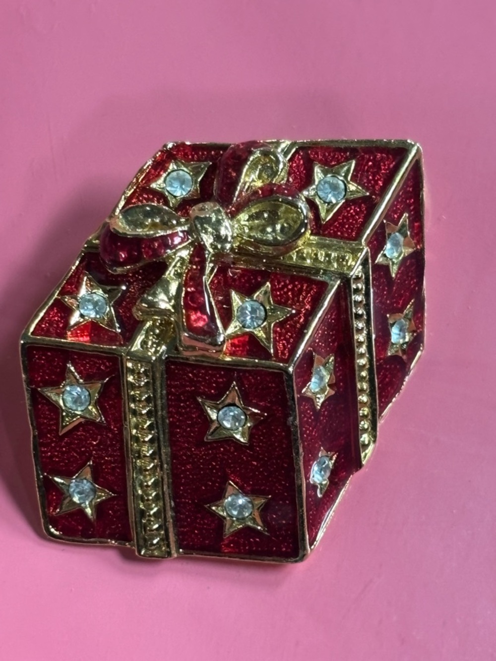 Vintage Red Jeweled Gift Box Brooch with Gold Accents